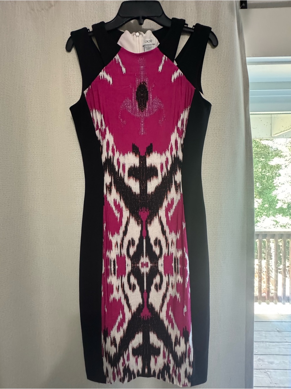 Cache Sleeveless Midi Dress in Magenta, Black & White Ikat